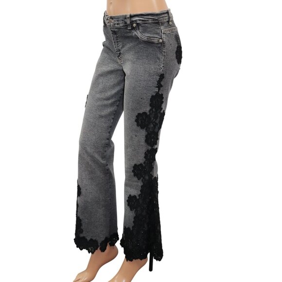 Gray Bootcut Flare Jeans with Black Lace Appliqué Trim 30 - Picture 4 of 10